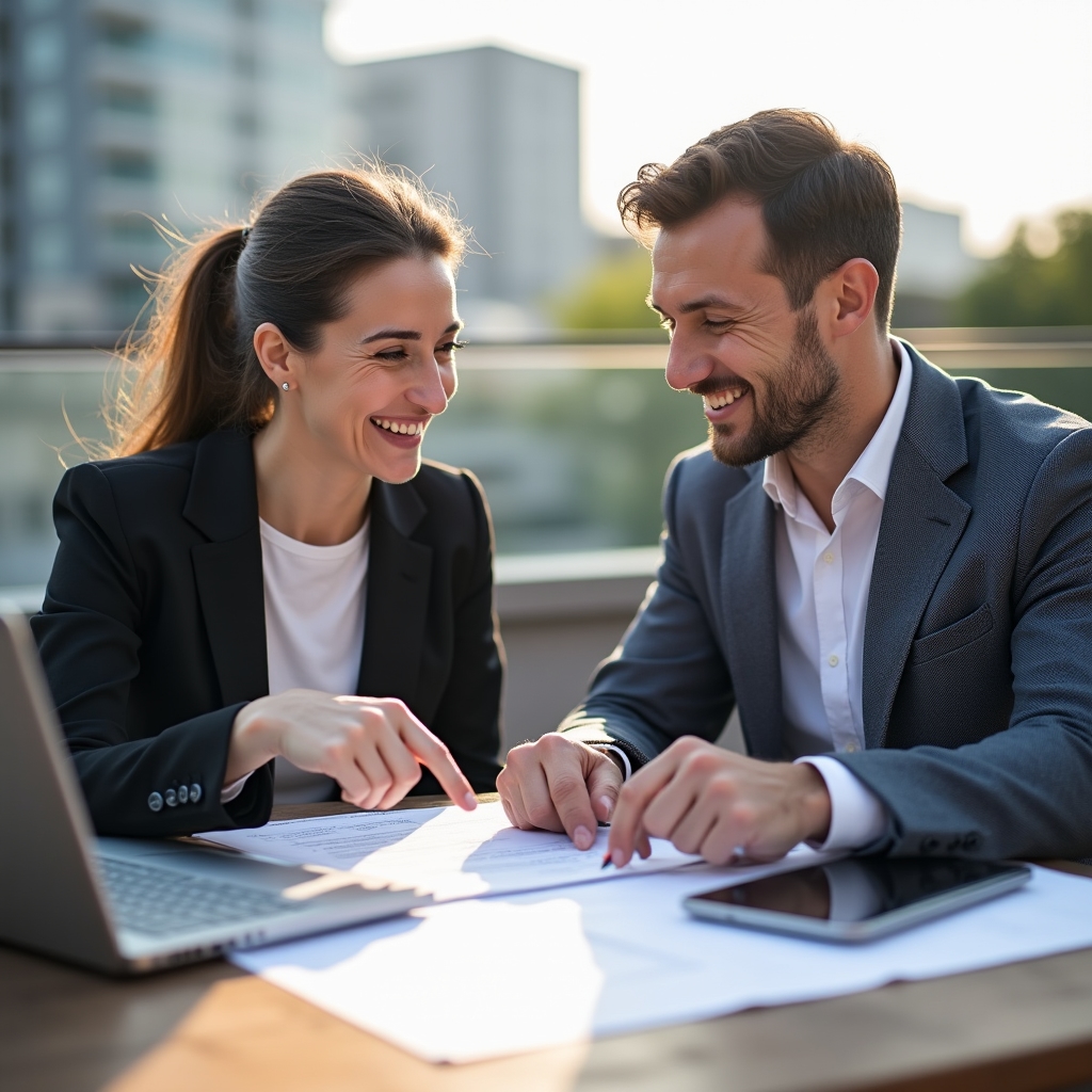 Analyst and client reviewing a scope of work document together at an outdoor table