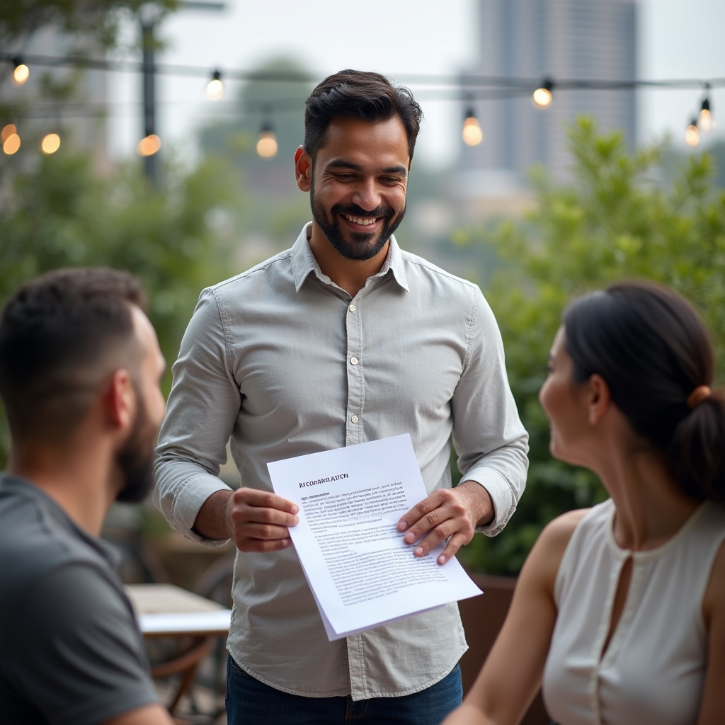 Analyst presenting a business recommendation slide to a small group of colleagues on a rooftop terrace