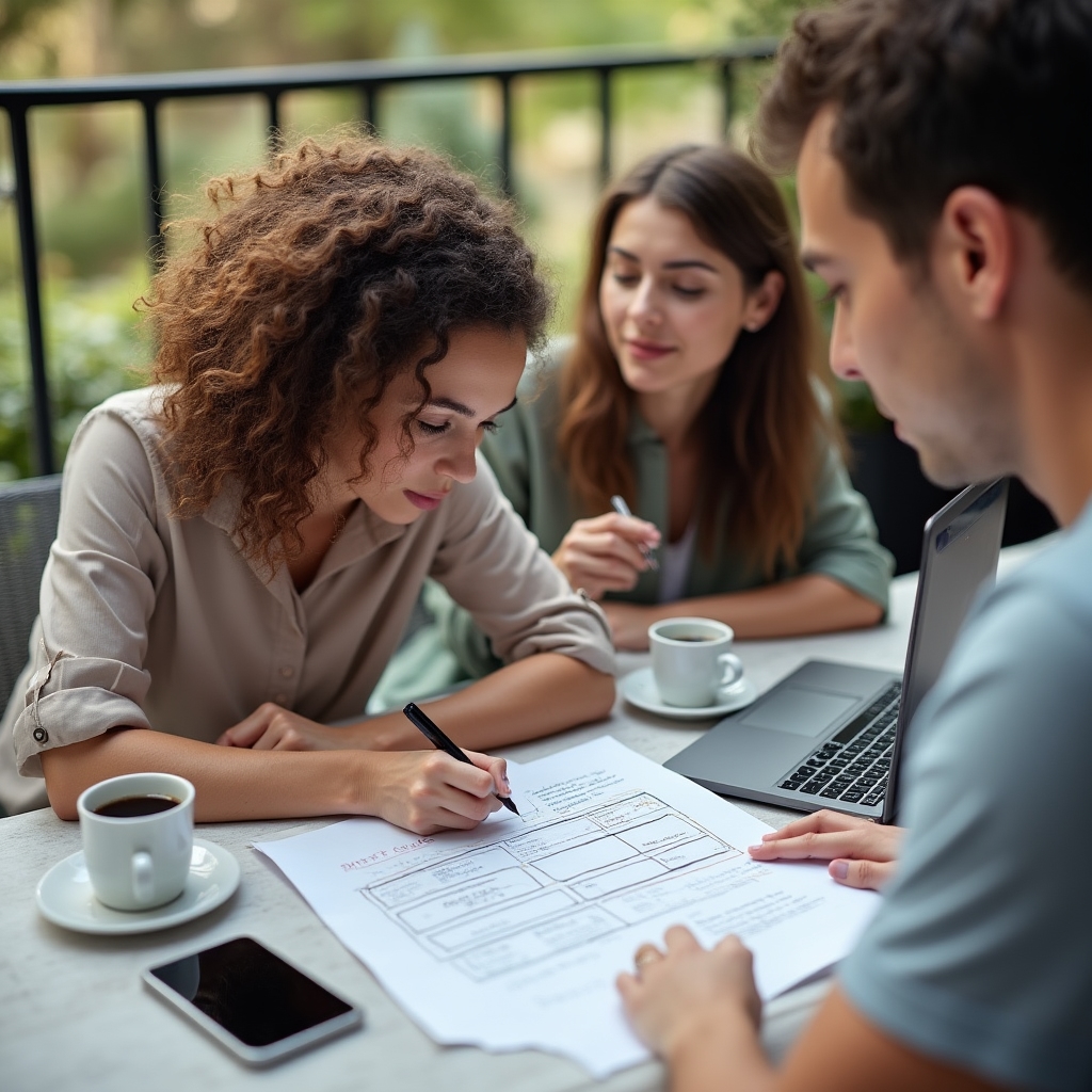 Two people sketching a pricing model on paper at an outdoor café table with laptops nearby
