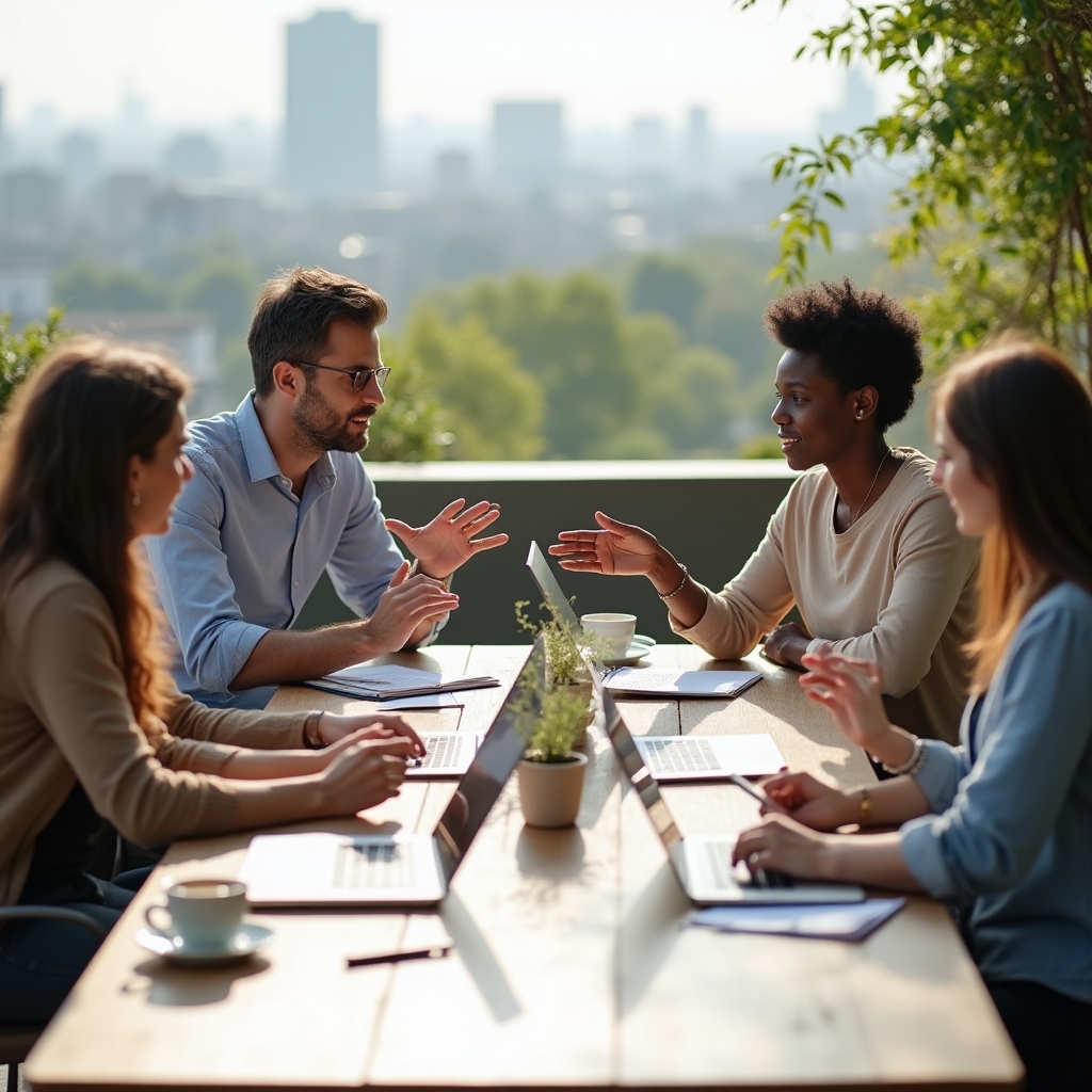 Small group of data analysts gathered outdoors around laptops during a live workshop session